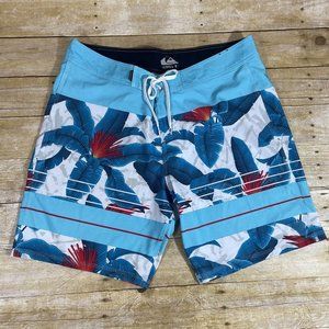 Quiksilver Mens Board Shorts Size 38 Turquoise Blue Red Floral Striped Stretch